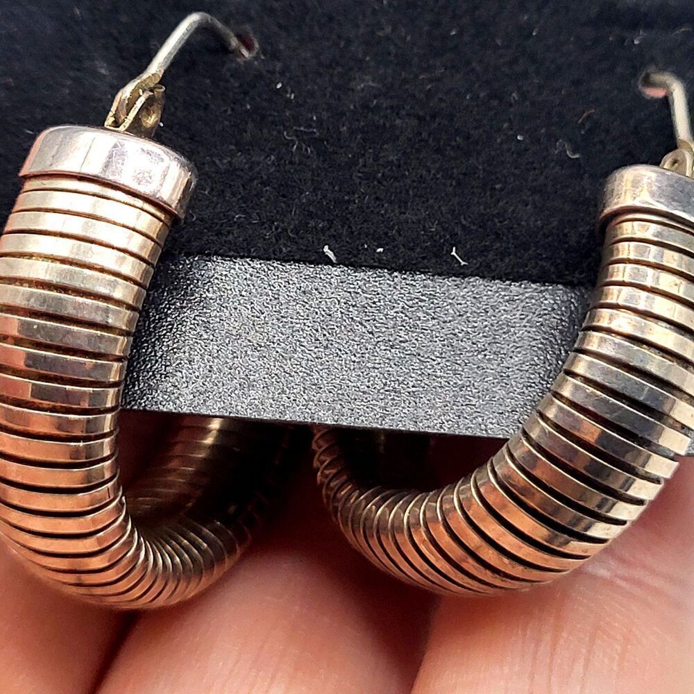 STERLING SILVER RIBBED DESIGN HOOP EARRINGS FINE 925 1.2in